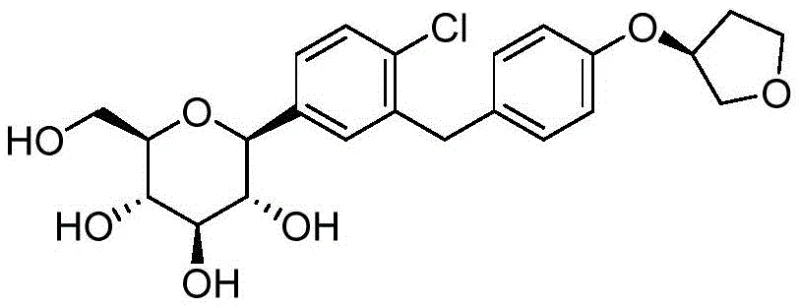 Chemical structure of Empagliflozin showing the glucopyranosyl moiety and the chlorobenzyl-diphenyl ether scaffold