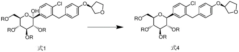 Reduction reaction converting Formula 1 to Formula 4 using triethylsilane and boron trifluoride