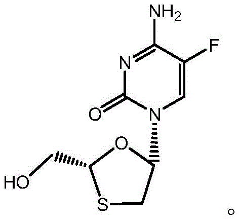 Chemical structure of Emtricitabine showing the oxathiolane ring and fluorocytosine base