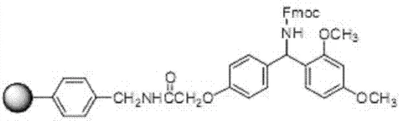 Chemical structure of Fmoc-Phe coupled to a resin linker representing the initiation of solid-phase synthesis