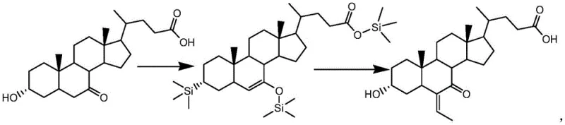 Reaction scheme showing the conversion of 3-alpha-hydroxy-7-keto-5-beta-cholanic acid to the ethylidene derivative via silyl enol ether intermediate