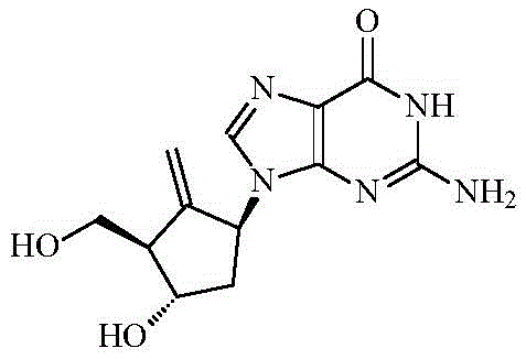 Chemical structure of Entecavir showing the cyclopentyl ring and purine base