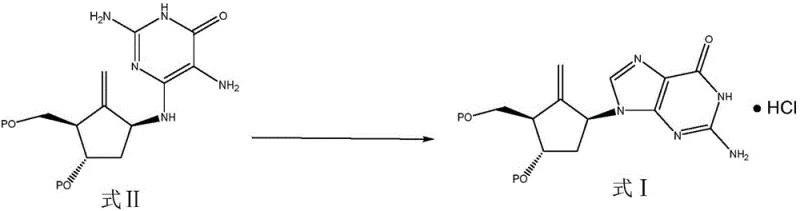 General reaction scheme showing the acid-catalyzed cyclization of Formula II to Formula I entecavir intermediate using trialkyl orthoformate