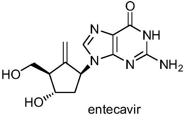 Chemical structure of Entecavir showing the cyclopentyl ring and purine base