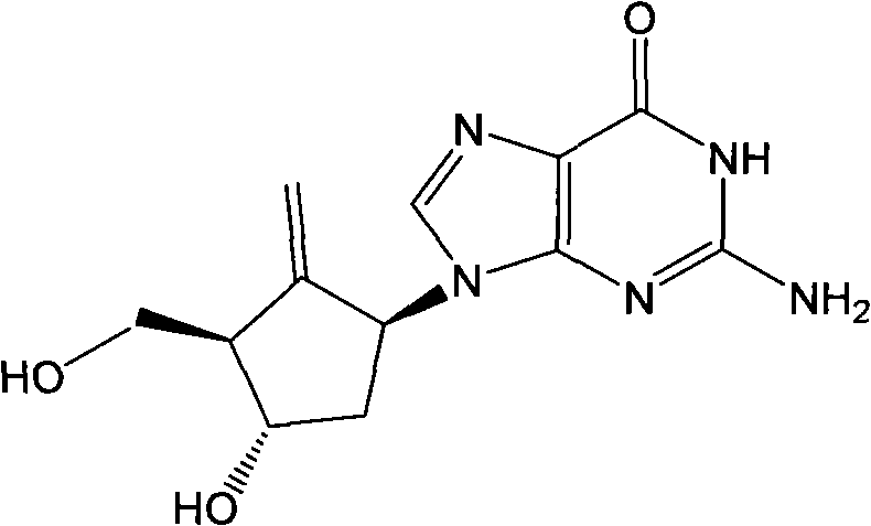 Chemical structure of Entecavir showing the carbocyclic ring and guanine base