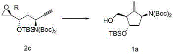 Reaction scheme showing titanium-catalyzed cyclization of precursor 2c to intermediate 1b