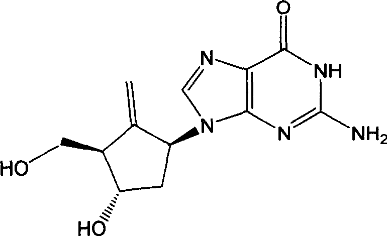 Chemical structure of Entecavir showing the carbocyclic guanosine analogue framework