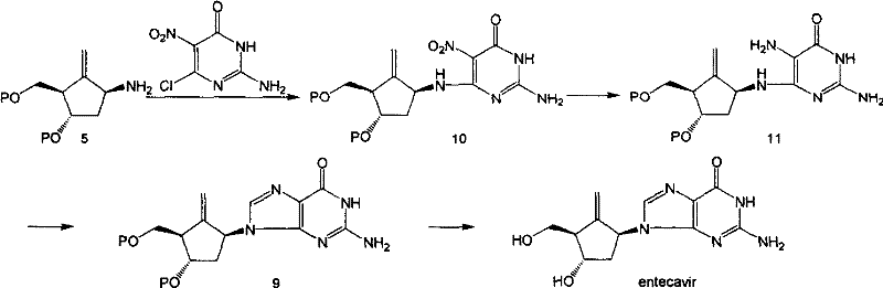 Specific Route 4 detailing nitro reduction and cyclization to form the purine core