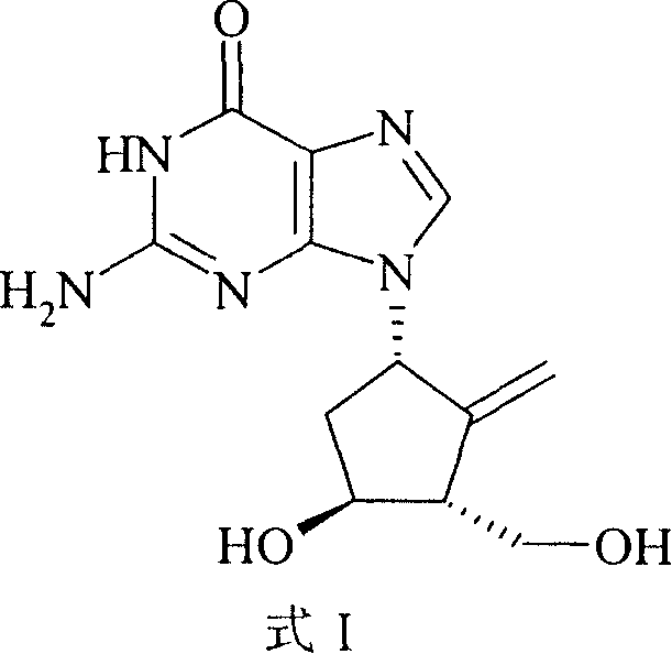 Chemical structure of Entecavir (Formula I) showing the cyclopentyl ring and guanine base