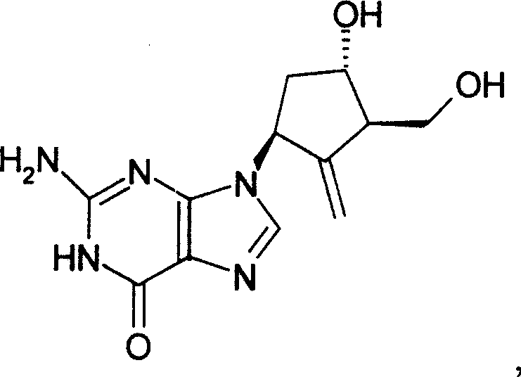 Chemical structure of Entecavir showing the cyclopentene ring and guanine base