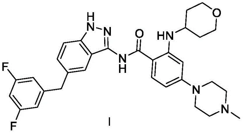Chemical structure of Entrectinib (Formula I) showing the core indazole and piperazine moieties