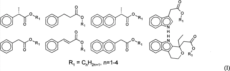General chemical structure formula (I) for aryl acetic acid L-ascorbyl esters showing the core scaffold applicable to various derivatives
