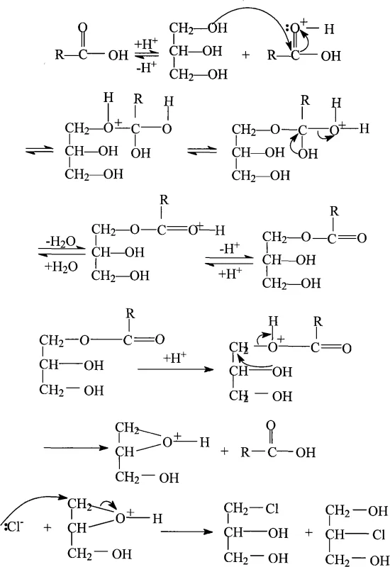 Detailed catalytic mechanism showing protonation, oxonium ion formation, and chloride attack