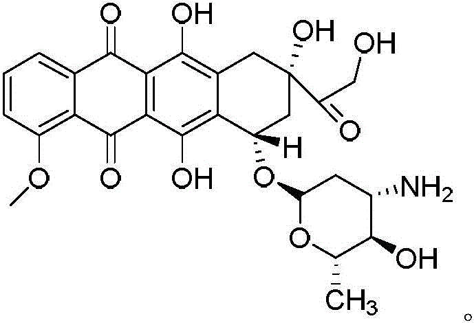 Chemical structure of Epirubicin showing the anthraquinone core and amino sugar moiety