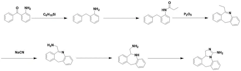 Conventional synthesis route utilizing expensive triethylsilane and hazardous phosphorus pentoxide reagents