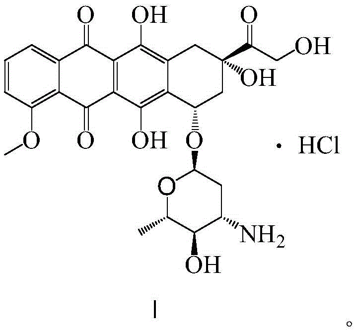 Chemical structure of Epirubicin Hydrochloride showing the anthracycline core and amino sugar moiety