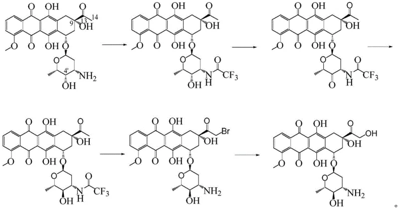 Prior art synthetic route for Epirubicin showing complex protection and inversion steps