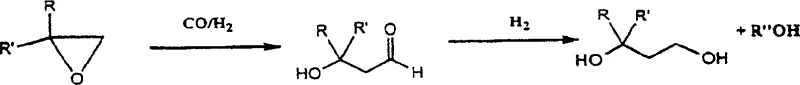 General reaction scheme showing epoxide conversion to 3-hydroxyaldehyde and subsequent hydrogenation to 1,3-alkanediol