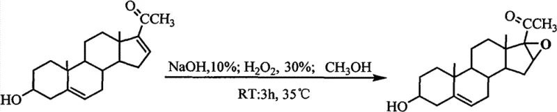 Chemical reaction scheme showing the epoxidation of dienolone acetate to 3beta-hydroxy-16alpha,17alpha-epoxy-5-pregnene-20-one using NaOH and H2O2 in methanol