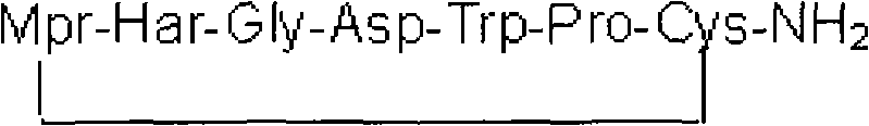 Chemical structure of Eptifibatide showing the cyclic heptapeptide sequence with a disulfide bond between Mpr and Cys residues