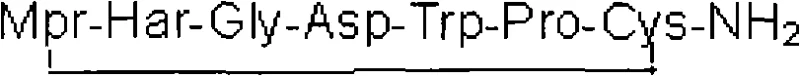 Linear peptide sequence Mpr-Har-Gly-Asp-Trp-Pro-Cys-NH2 prior to cyclization and disulfide bond formation