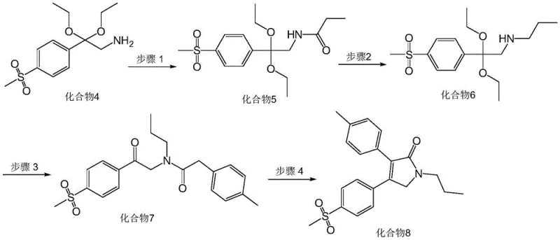 Four-step synthetic route from Compound 4 to Erexib (Compound 8) involving acylation, reduction, condensation, and cyclization