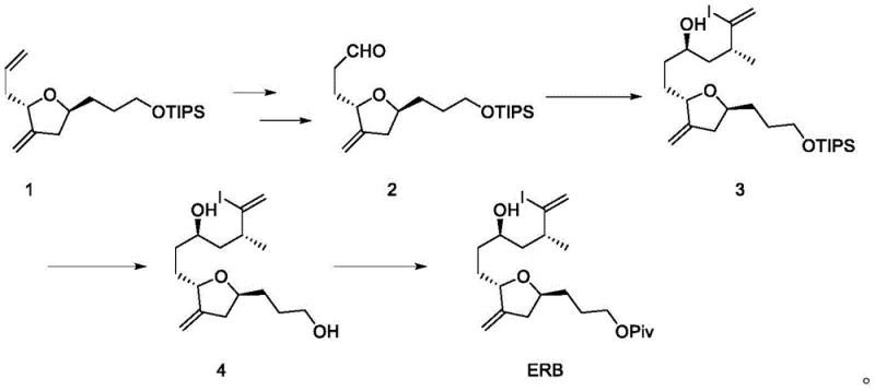 Prior art synthesis route for ERB showing low yield and safety hazards