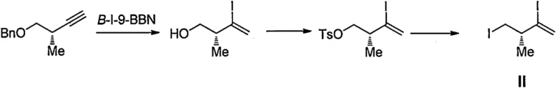 Conventional synthesis route for Compound II using expensive B-I-9-BBN reagents