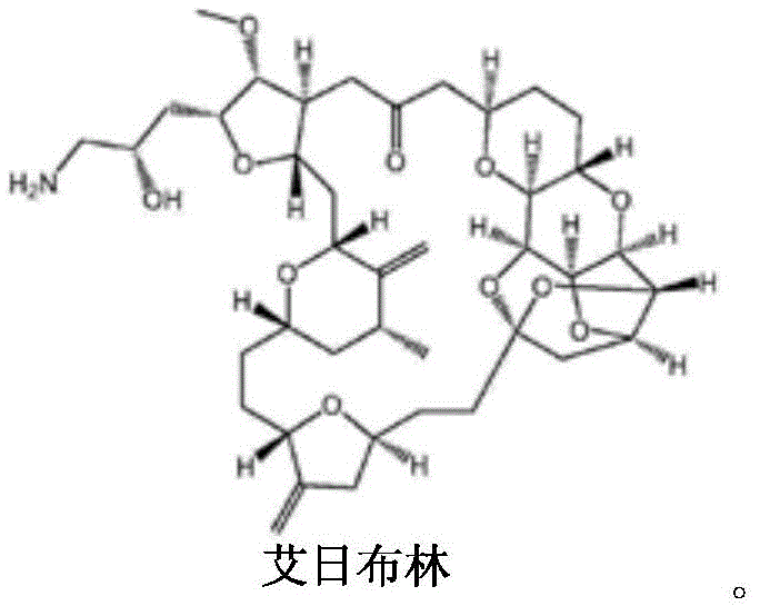 Chemical structure of Eribulin showing complex macrocyclic ketone analogue