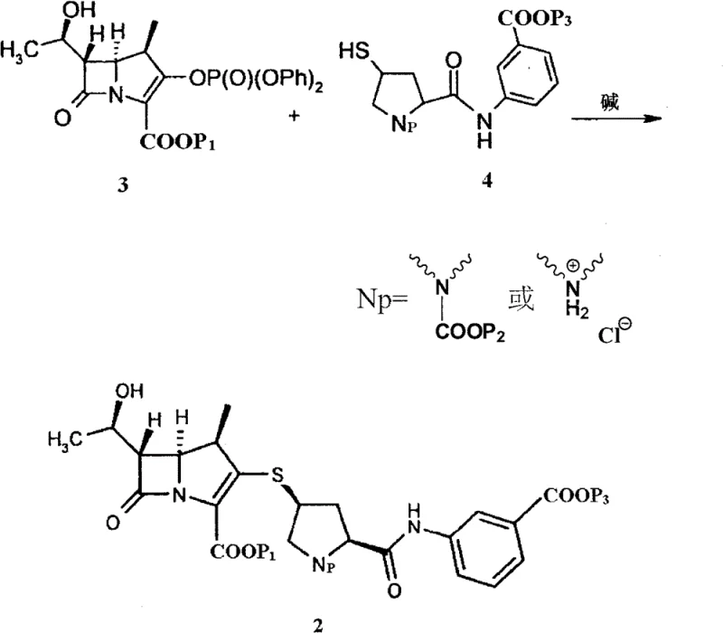 Reaction scheme showing condensation of carbapenem nucleus and ertapenem side chain