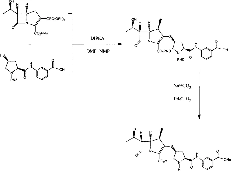 Reaction scheme showing the condensation of phosphonate ester and thiol followed by one-pot hydrogenation to form Ertapenem Sodium Salt