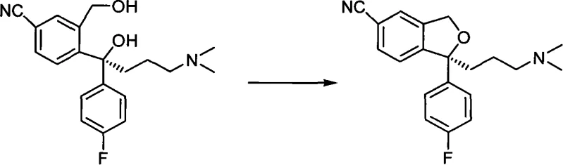 Chemical reaction scheme showing the Mitsunobu cyclization of S-type diol Formula II to Escitalopram Formula I
