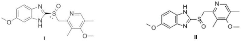 Chemical structures of Esomeprazole (Formula I) and Omeprazole (Formula II) showing the chiral sulfinyl group