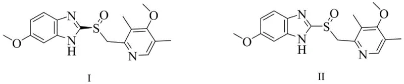 Chemical structures of Esomeprazole (I) and Omeprazole (II) showing the chiral sulfinyl group