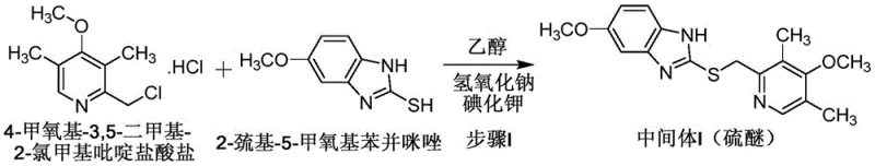 Condensation reaction scheme for preparing omeprazole thioether intermediate