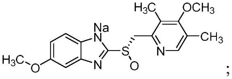 Chemical structure of Esomeprazole Sodium showing the benzimidazole and pyridine rings linked by a sulfinyl group