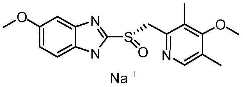 Chemical structure of Esomeprazole Sodium showing the benzimidazole and pyridine rings linked by a sulfinyl group
