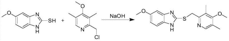 Reaction scheme for the condensation of 2-mercapto-5-methoxybenzimidazole to form the prochiral thioether intermediate