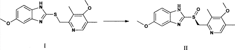Reaction scheme showing the conversion of sulfide precursor I to Esomeprazole II using sodium m-chloroperbenzoate