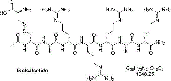 Chemical structure of Etelcalcetide showing the disulfide bridge and amino acid sequence