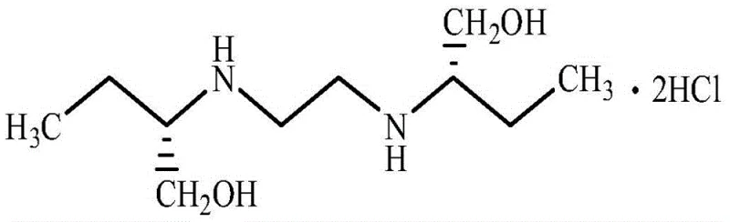 Chemical Structure of Ethambutol Hydrochloride showing the chiral centers and dihydrochloride salt form