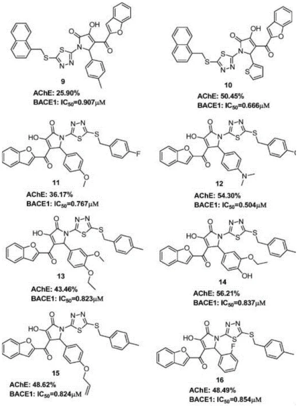 Chemical structures of bioactive pyrrolidone compounds acting as AChE and BACE1 inhibitors