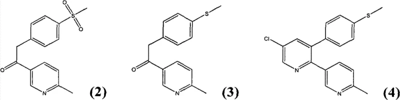 Structures of key intermediates including methyl sulphonyl benzyl-pyridyl ketone and sulfide derivative