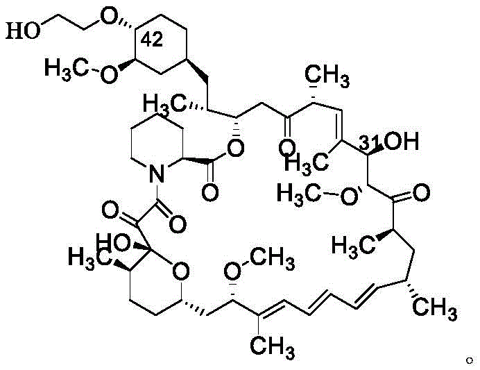 Chemical structure of Everolimus showing the 42-O-(2-hydroxyethyl) modification