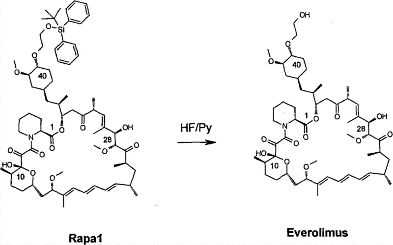 Deprotection reaction converting Rapa1 intermediate to Everolimus using HF/Pyridine in THF