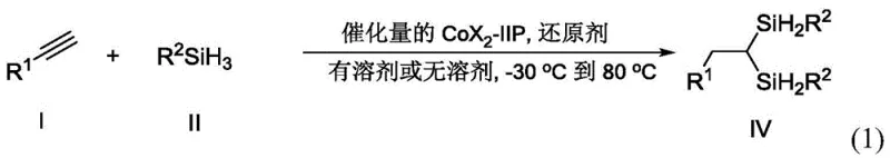 General reaction scheme showing alkyne and trihydrosilane reacting to form exo-gem-disilyl alkane compound IV using CoX2-IIP catalyst