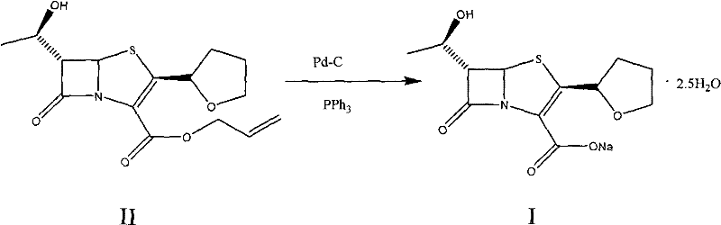 Reaction scheme showing the conversion of Intermediate II to Faropenem Sodium I using Pd-C and PPh3