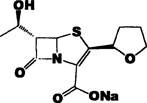 Chemical structure of Faropenem Sodium showing the penem core and tetrahydrofuran side chain