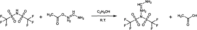 Reaction scheme showing the synthesis of FATSFI via acid-base neutralization between bistrifluoromethanesulfonimide and formamidine acetate