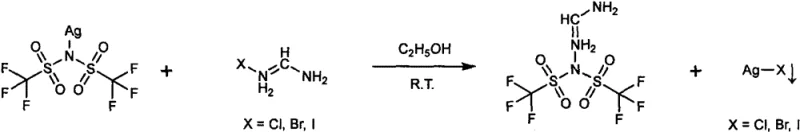 Reaction scheme depicting the metathesis synthesis of FATSFI using silver bistrifluoromethanesulfonimide and formamidine halides